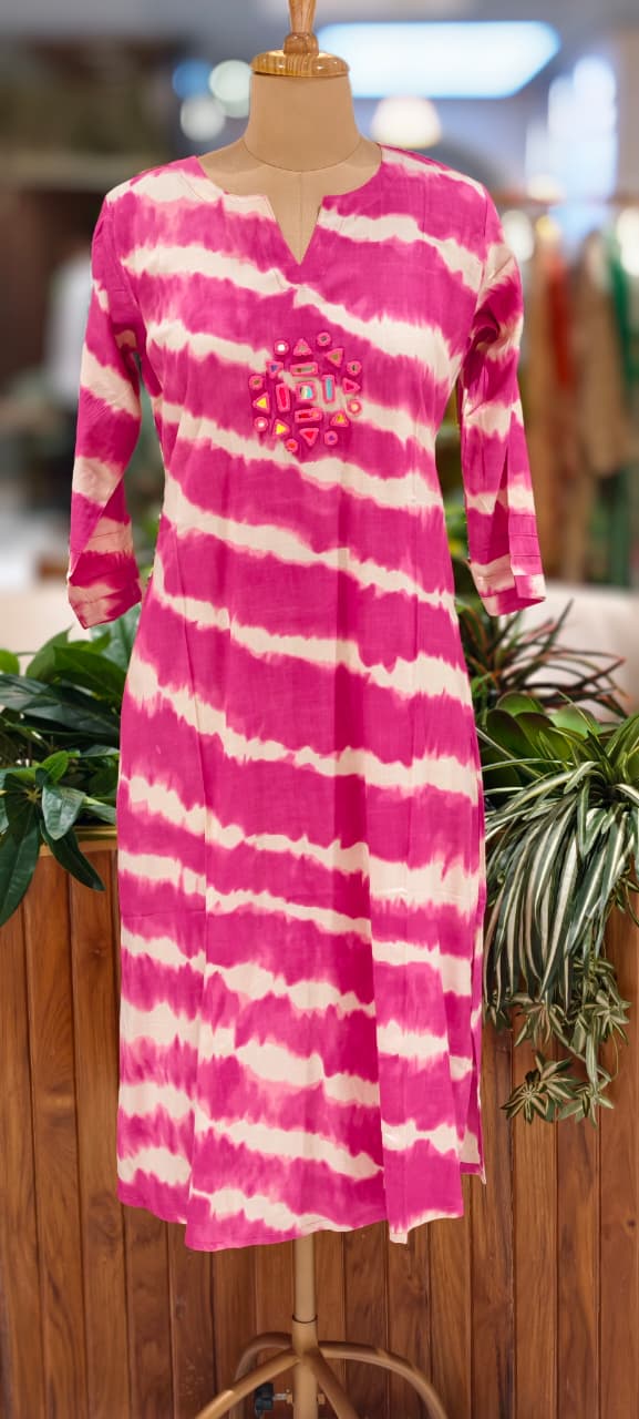 Real Mirror Embroidery Upwork Yoke Striking Striped Twin Color Cotton Kurti Only- 113524