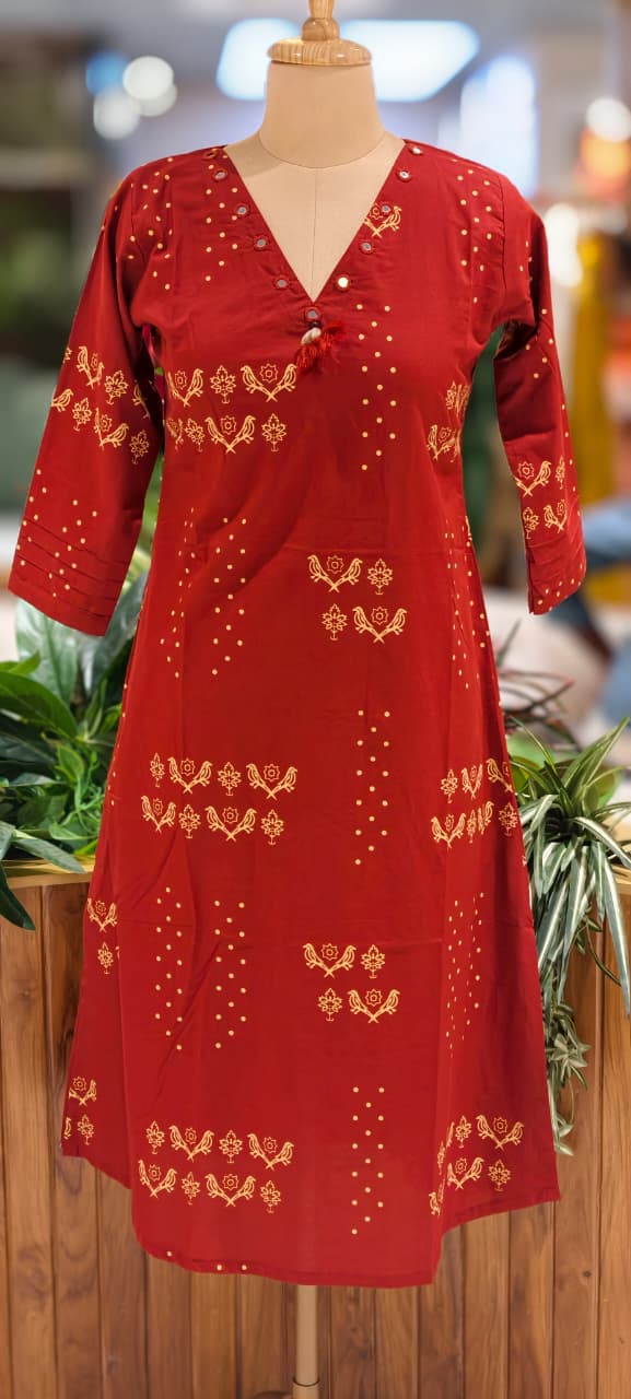 Solid Kurta With Real Mirror Neck Line Tiny Birds & Polka Print In Cotton Fabric- 13519