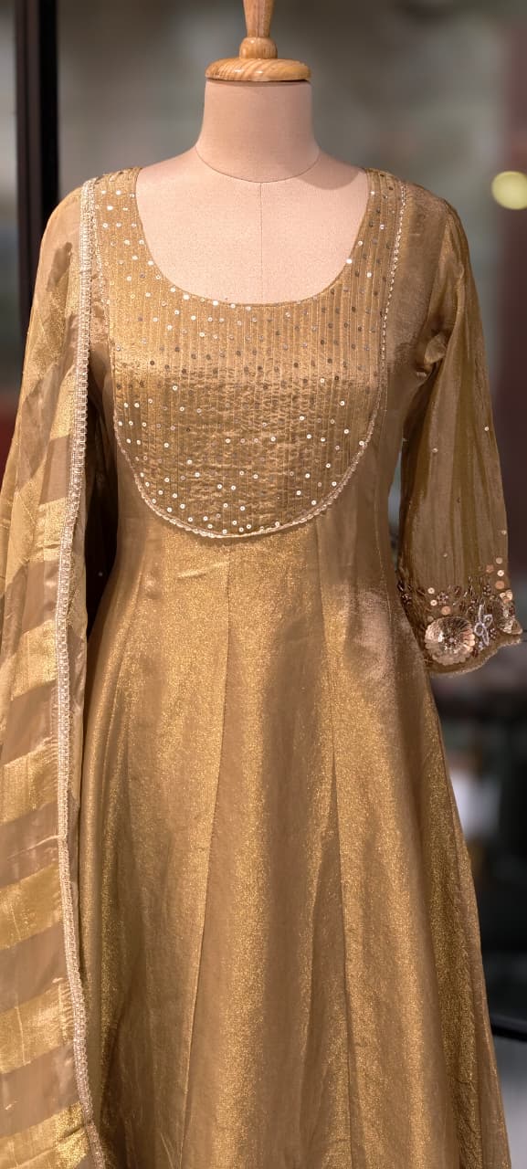 Very Elegant Sequin Pleated U-Yoke & Sleeve Panel Tissue Anarkali Full Suit Set With Dupatta- 13607