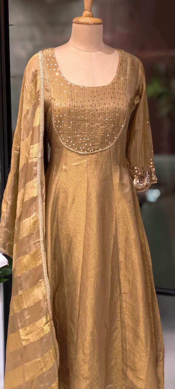 Very Elegant Sequin Pleated U-Yoke & Sleeve Panel Tissue Anarkali Full Suit Set With Dupatta- 13607