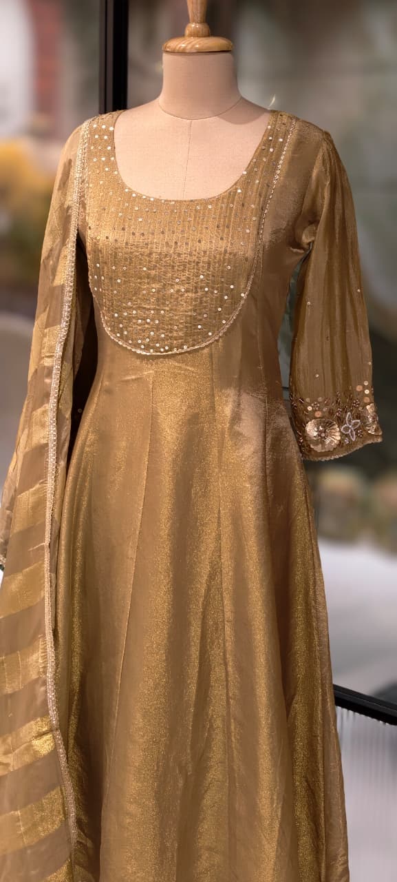 Very Elegant Sequin Pleated U-Yoke & Sleeve Panel Tissue Anarkali Full Suit Set With Dupatta- 13607