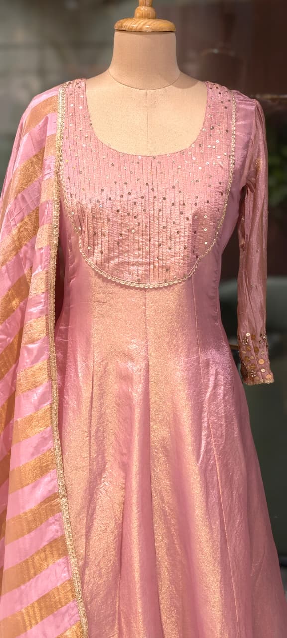 Very Elegant Sequin Pleated U-Yoke & Sleeve Panel Tissue Anarkali Full Suit Set With Dupatta- 13607