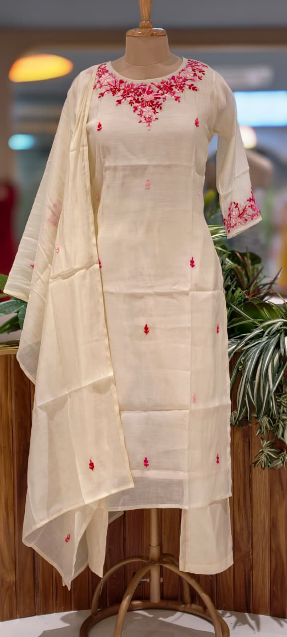 Pure Thraed Embroidery Suttle Full Suit Set With Dupatta In Surat Mul Chanderi Fabric-13592