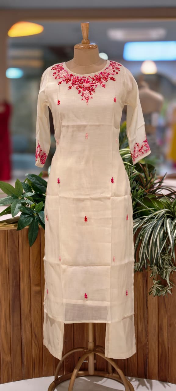 Pure Thraed Embroidery Suttle Full Suit Set With Dupatta In Surat Mul Chanderi Fabric-13592