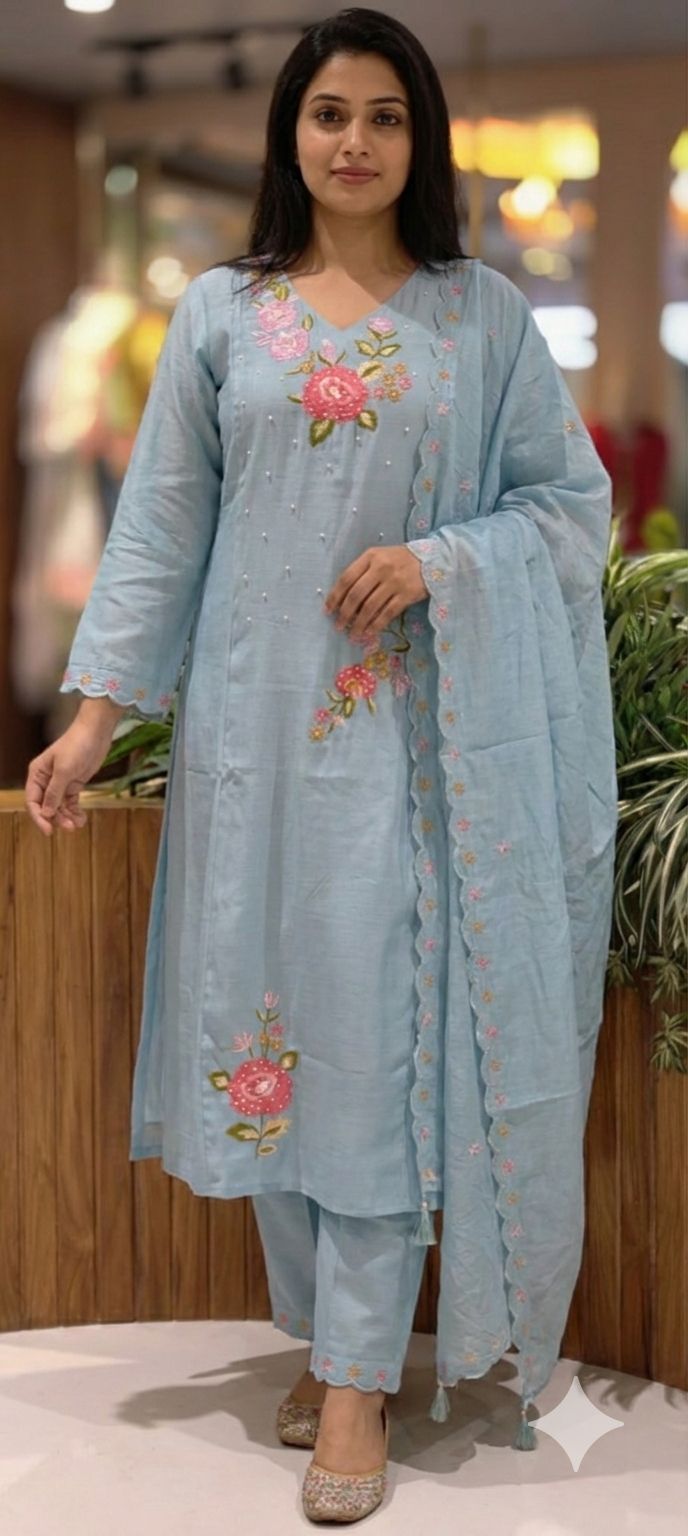 Slightly Lean Fit Suttle Floral Embroidery With Pearl Upwork A-Line Full Suit Set With Dupatta In Surat Mul Chanderi Fabric- 13609 (Slightly Lean Fit)