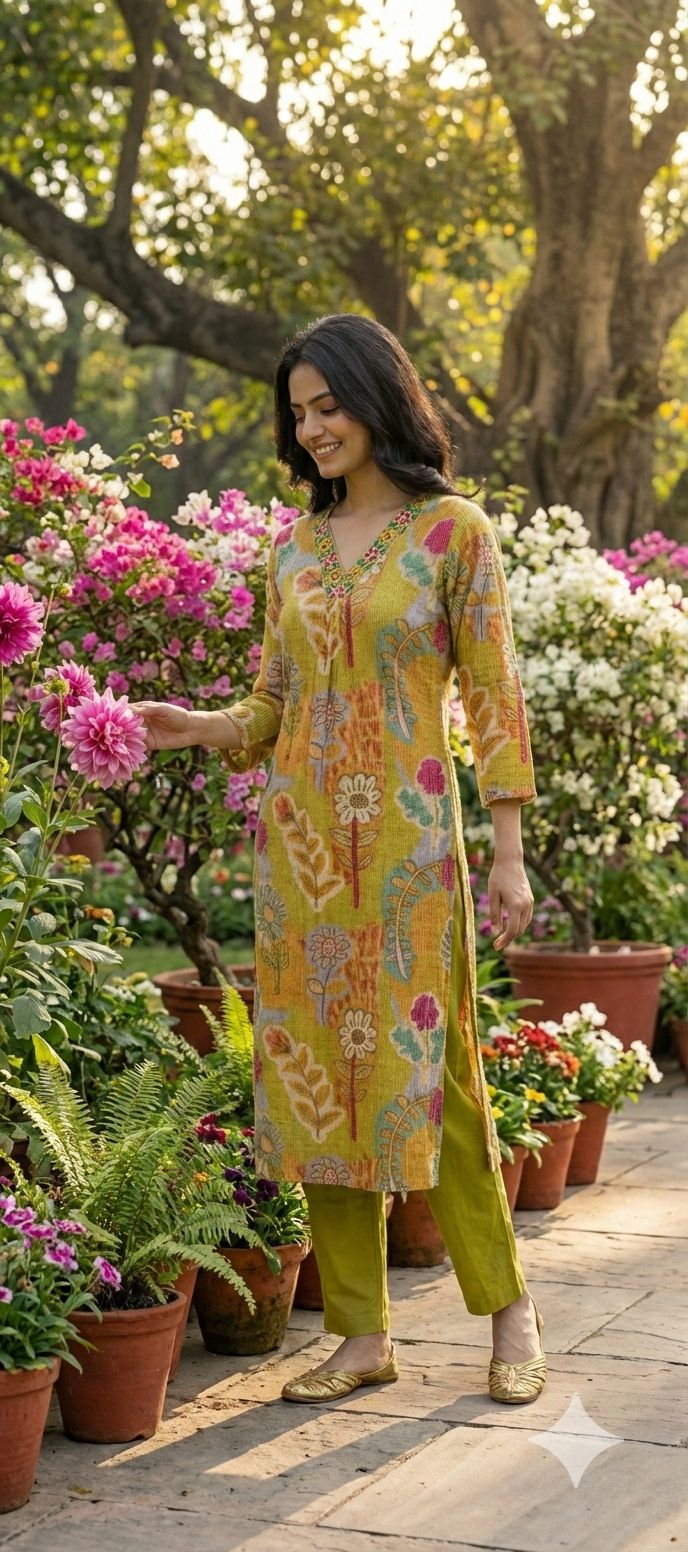 Cute Floral Patch Artistry Print Kurta Pant Set In Cotton Fabric- 13470