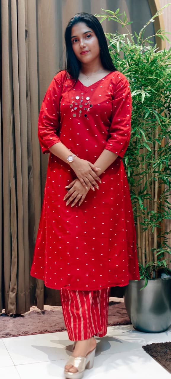 Real Mirror Thread Intricate Embroidery Upwork Matching Kurta Pant Set In Cotton Fabric