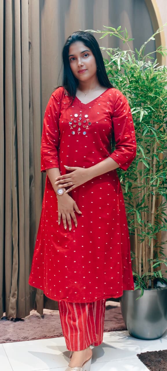 Real Mirror Thread Intricate Embroidery Upwork Matching Kurta Pant Set In Cotton Fabric