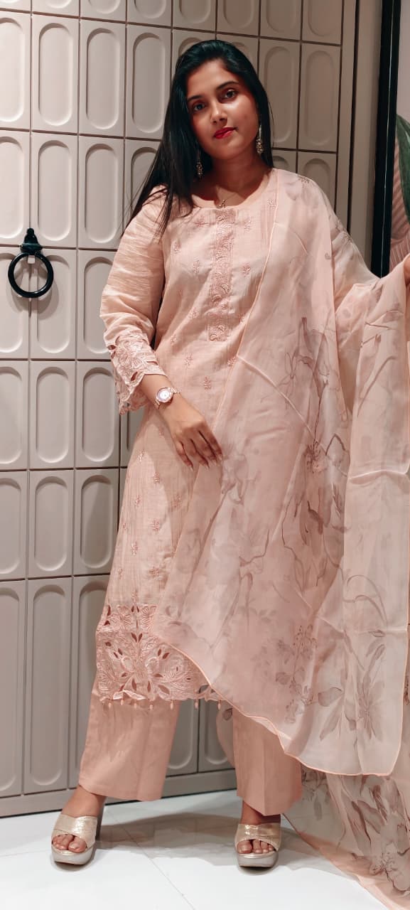 Premium Pure Mul Chanderi Pastel shade Embroidered Kurti with Fine Thread Motifs, Lace Sleeves & Cutwork Border-13652