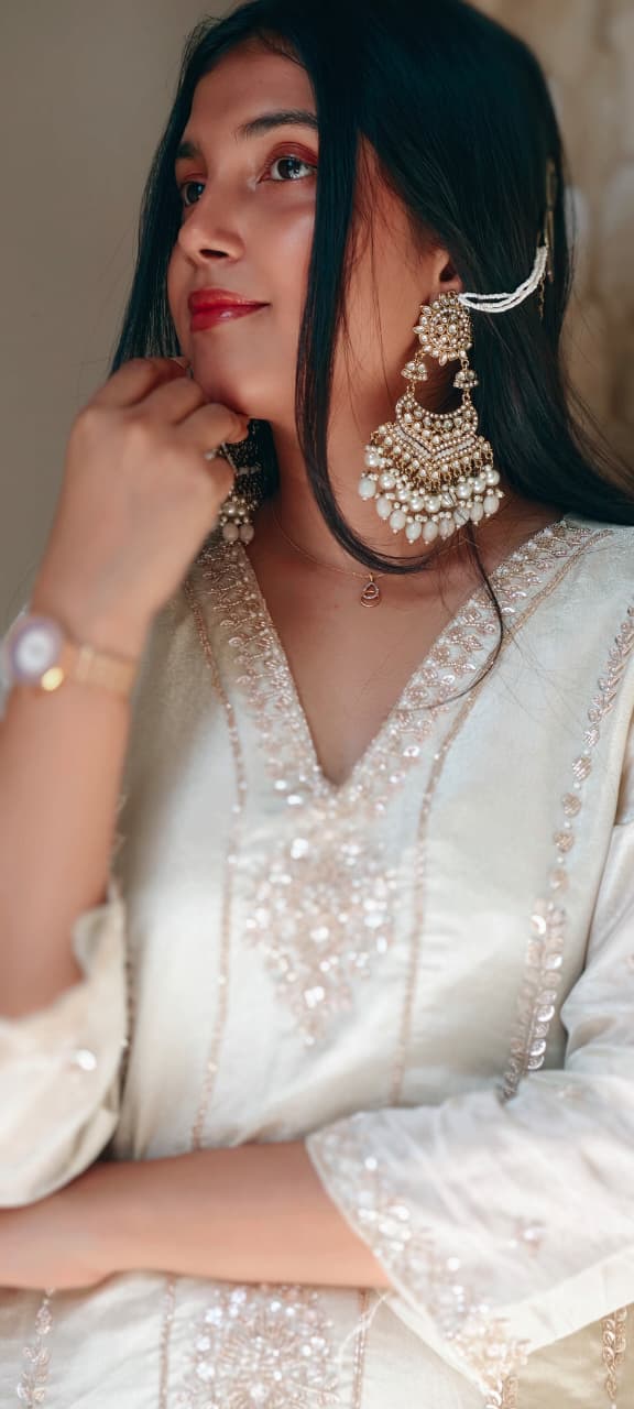 Sequin With Cut-Dana Placement Detailing Ivory Kurta Pant Set In Tissue Fabric- 13502