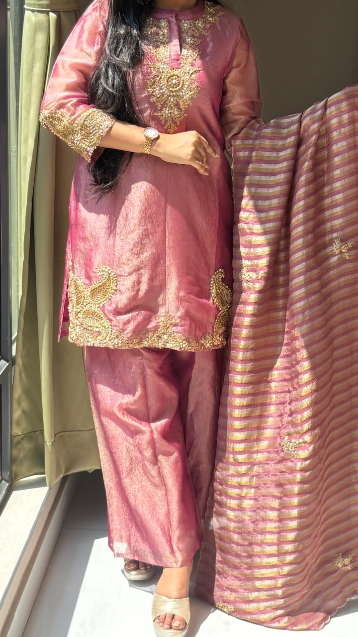 Very Elegant Zarina Golden Intricate Embroidery Tissue Full Suit Set With Striped Dupatta- 13307