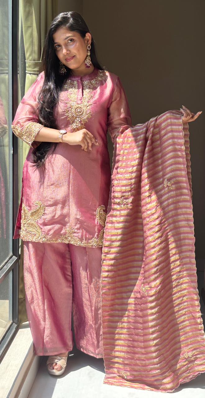 Very Elegant Zarina Golden Intricate Embroidery Tissue Full Suit Set With Striped Dupatta- 13307