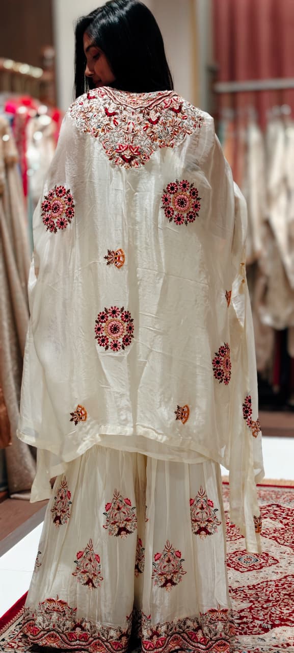 Floral Intricate Embroidery With Mirror Work Unique Sleeved Kurta, Palazzo Bottom With Shrug In Georgette Fabric- 13508