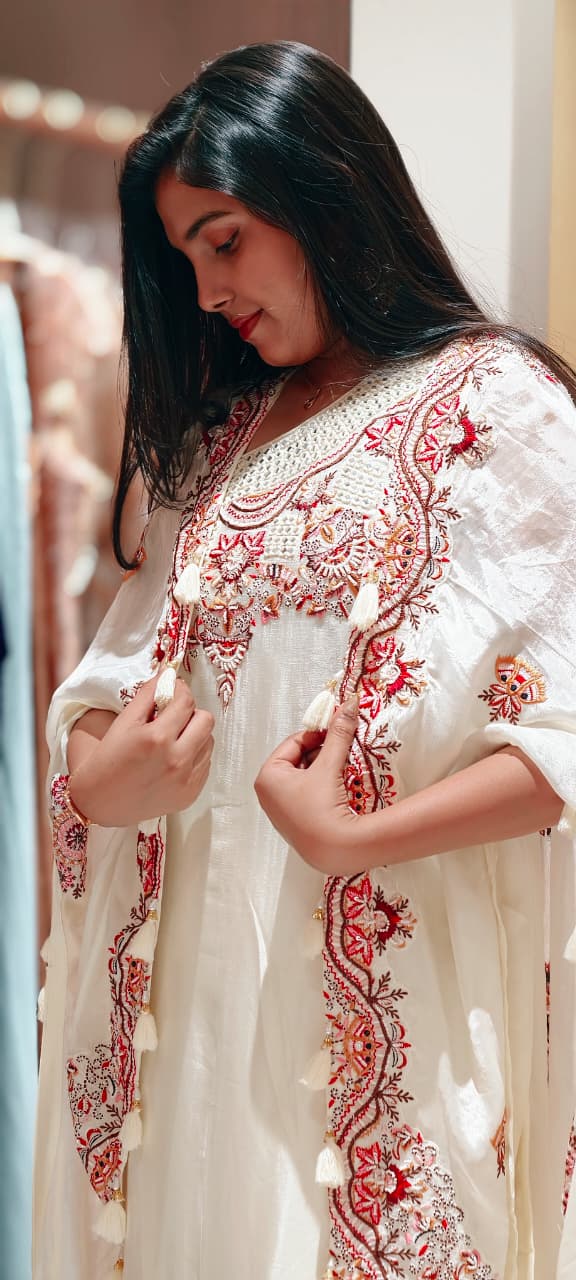 Floral Intricate Embroidery With Mirror Work Unique Sleeved Kurta, Palazzo Bottom With Shrug In Georgette Fabric- 13508