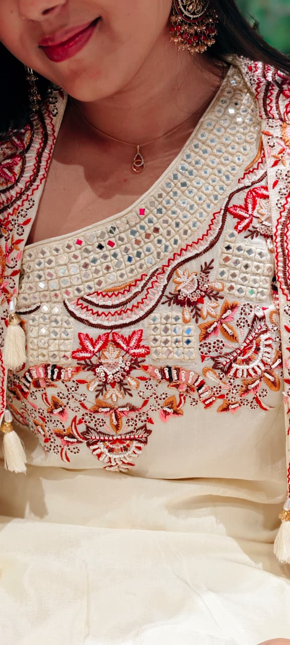 Floral Intricate Embroidery With Mirror Work Unique Sleeved Kurta, Palazzo Bottom With Shrug In Georgette Fabric- 13508