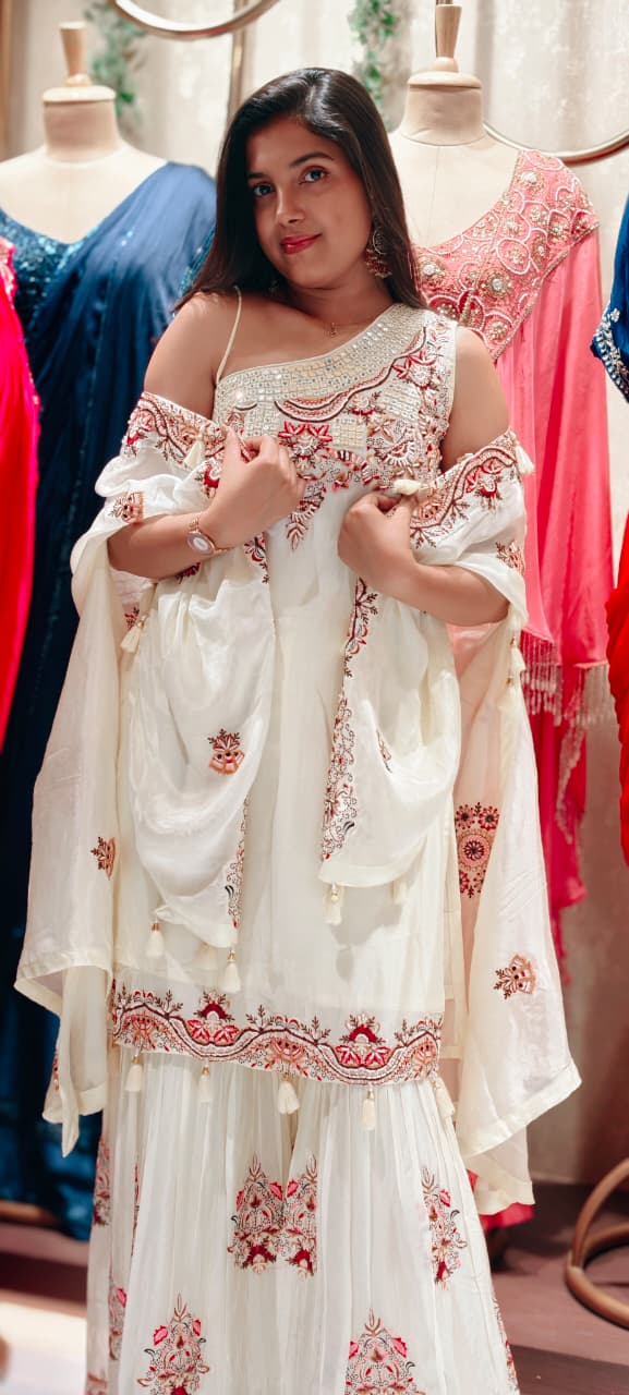 Floral Intricate Embroidery With Mirror Work Unique Sleeved Kurta, Palazzo Bottom With Shrug In Georgette Fabric- 13508