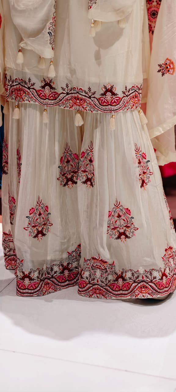 Floral Intricate Embroidery With Mirror Work Unique Sleeved Kurta, Palazzo Bottom With Shrug In Georgette Fabric- 13508