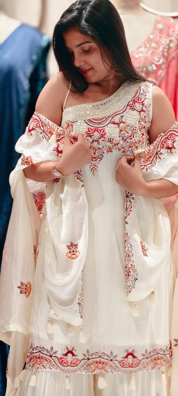 Floral Intricate Embroidery With Mirror Work Unique Sleeved Kurta, Palazzo Bottom With Shrug In Georgette Fabric- 13508