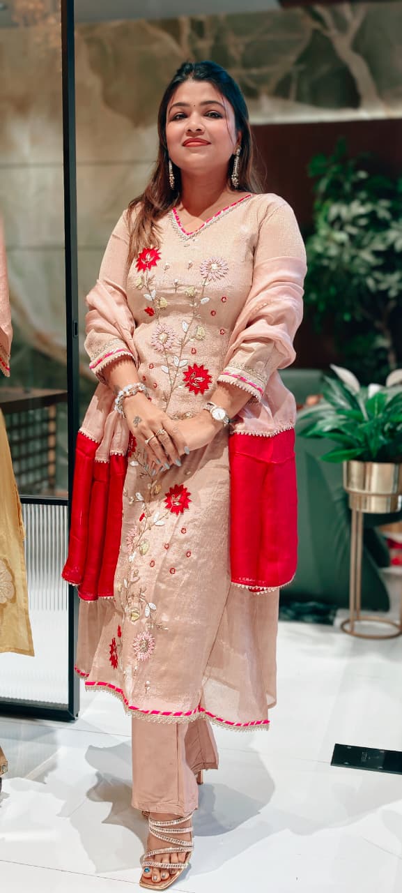 Dusty Rose Embroidered Tissue A-Line Full Suit Set With Floral Appliqué Work & Dupatta- 13650