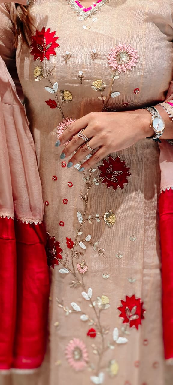 Dusty Rose Embroidered Tissue A-Line Full Suit Set With Floral Appliqué Work & Dupatta- 13650