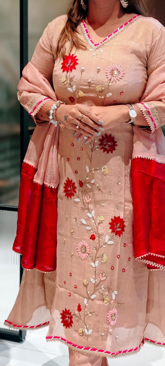 Dusty Rose Embroidered Tissue A-Line Full Suit Set With Floral Appliqué Work & Dupatta- 13650