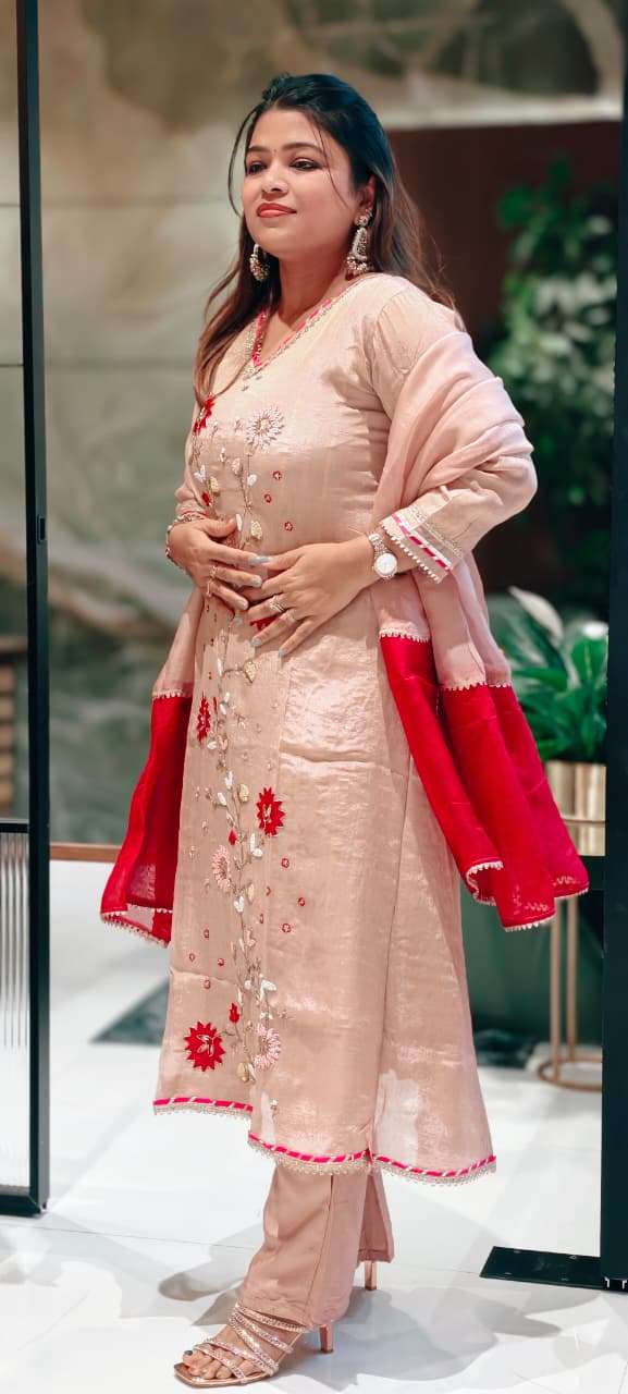 Dusty Rose Embroidered Tissue A-Line Full Suit Set With Floral Appliqué Work & Dupatta- 13650