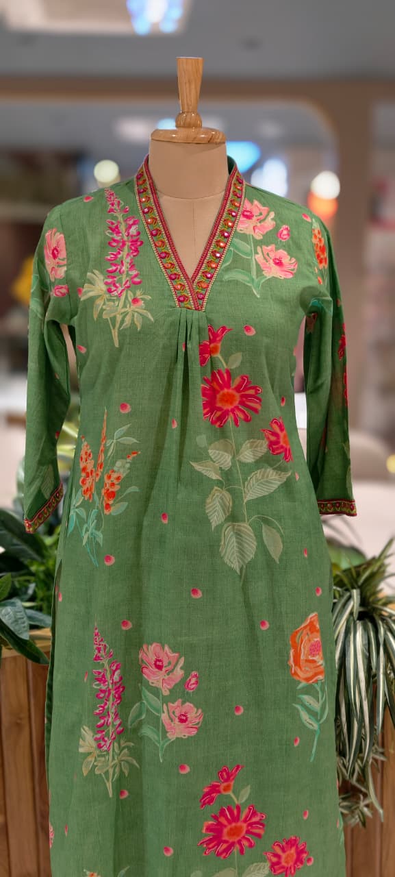 Meadow Garden Lush Botanical Print A-Line Kurta Pant Set In Cotton Fabric- 13644
