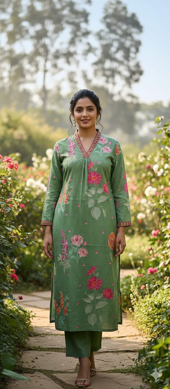 Meadow Garden Lush Botanical Print A-Line Kurta Pant Set In Cotton Fabric- 13644