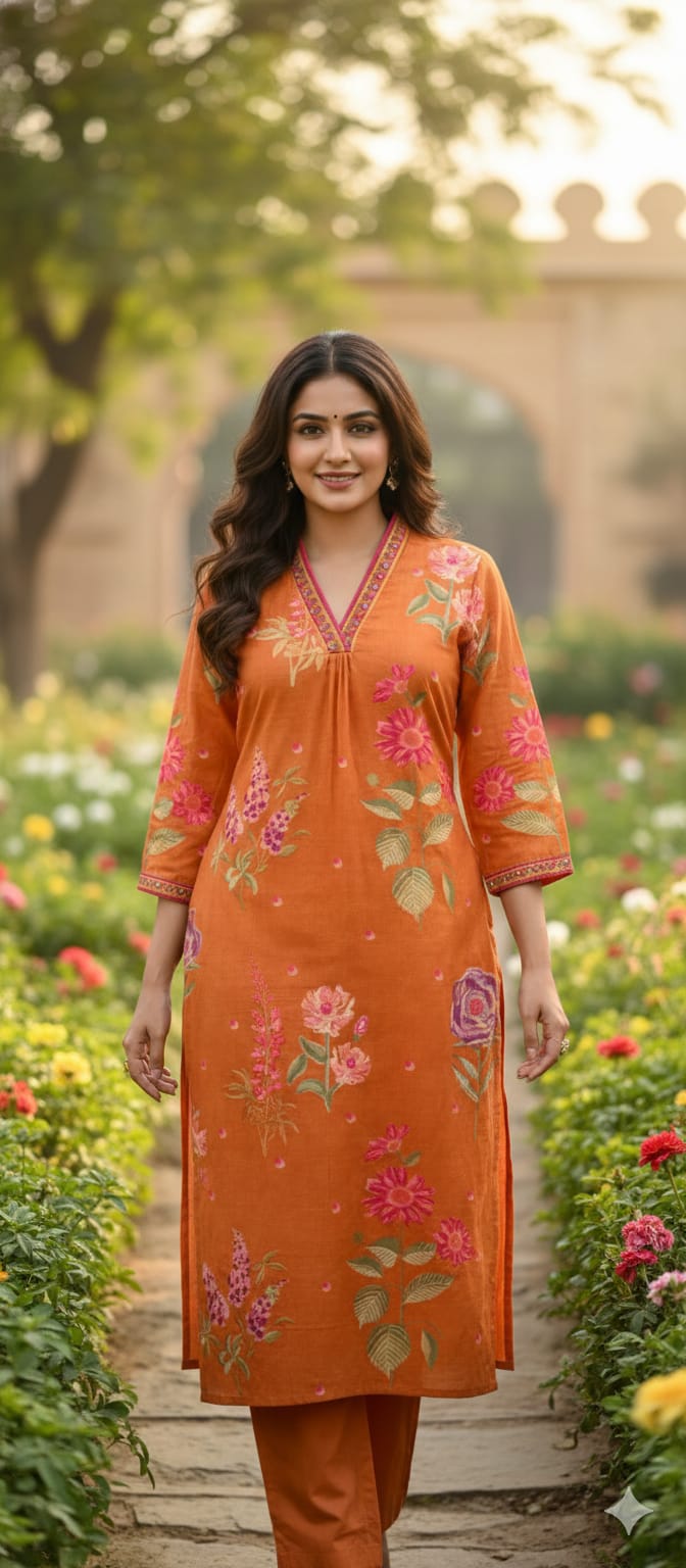 Meadow Garden Lush Botanical Print A-Line Kurta Pant Set In Cotton Fabric- 13644