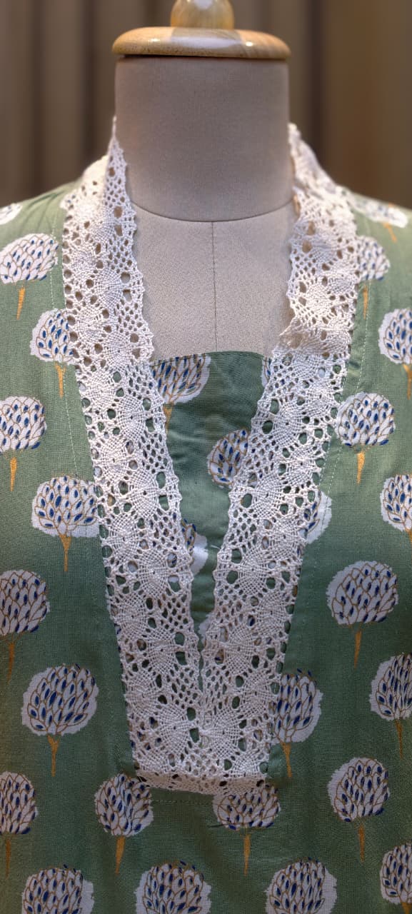 Cotton Kurti Earthy Trendy Printed Crosia Laced V-Neck Kurti Only -13683(Dispatching After 1 Week)