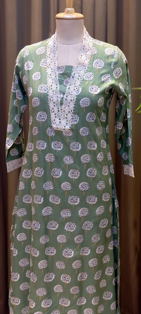 Cotton Kurti Earthy Trendy Printed Crosia Laced V-Neck Kurti Only -13683(Dispatching After 1 Week)