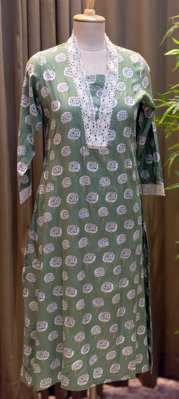 Cotton Kurti Earthy Trendy Printed Crosia Laced V-Neck Kurti Only -13683(Dispatching After 1 Week)