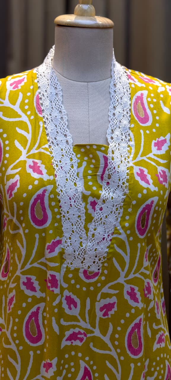 Mango Buti Leaf Printed V-Neck Cotton Laced A-Line Kurti Only-13683 (Dispatching After 1 Week)