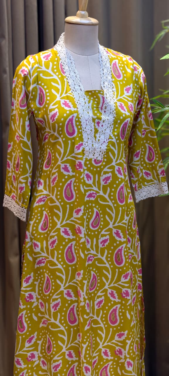 Mango Buti Leaf Printed V-Neck Cotton Laced A-Line Kurti Only-13683 (Dispatching After 1 Week)