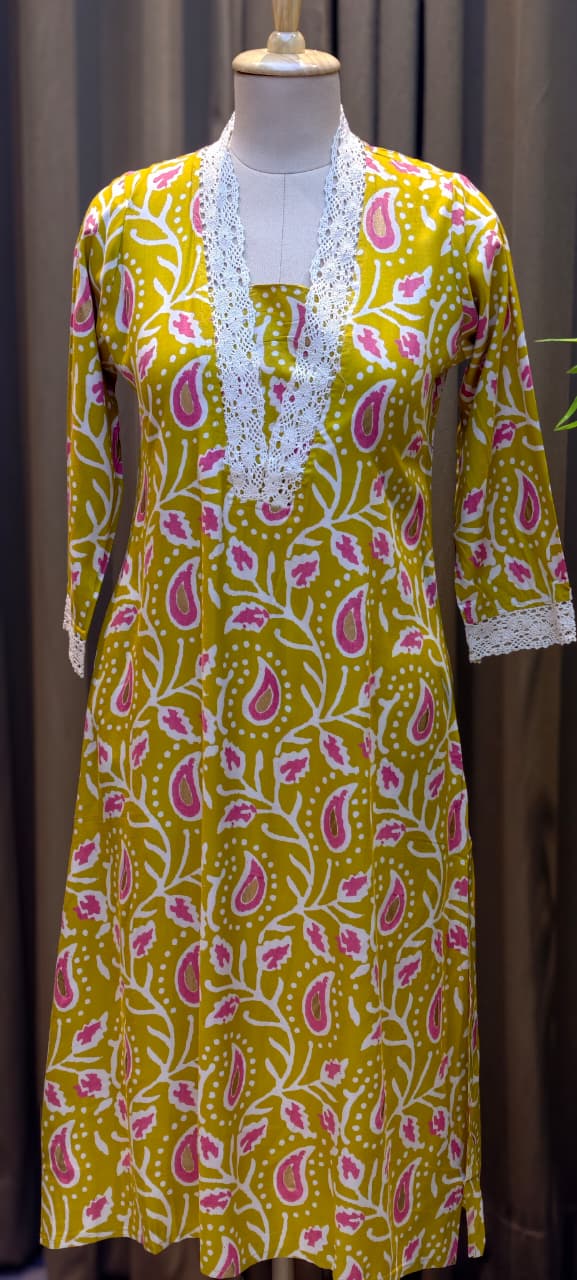 Mango Buti Leaf Printed V-Neck Cotton Laced A-Line Kurti Only-13683 (Dispatching After 1 Week)