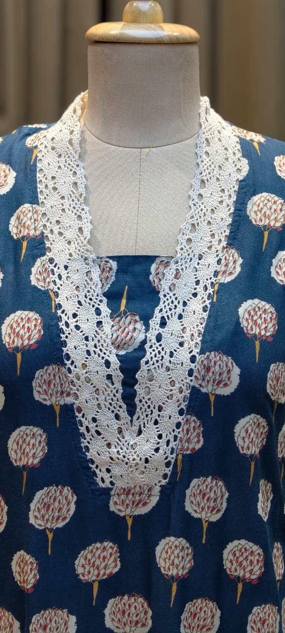 Cotton Kurti Earthy Trendy Printed Crosia Laced V-Neck Kurti Only -13683(Dispatching After 1 Week)