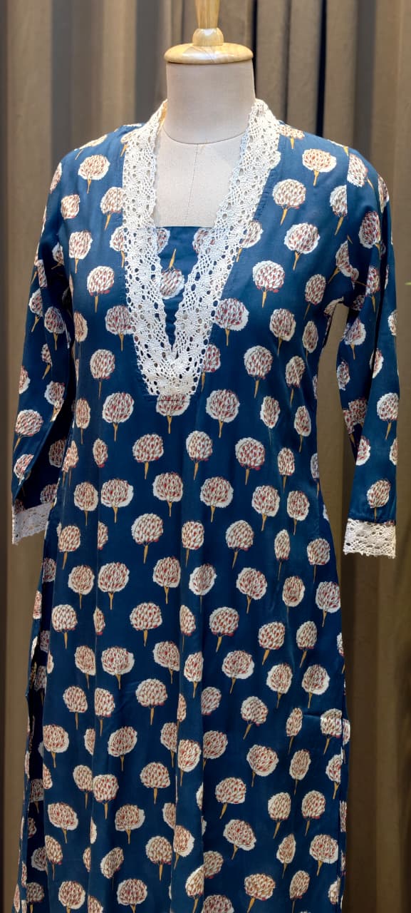 Cotton Kurti Earthy Trendy Printed Crosia Laced V-Neck Kurti Only -13683(Dispatching After 1 Week)