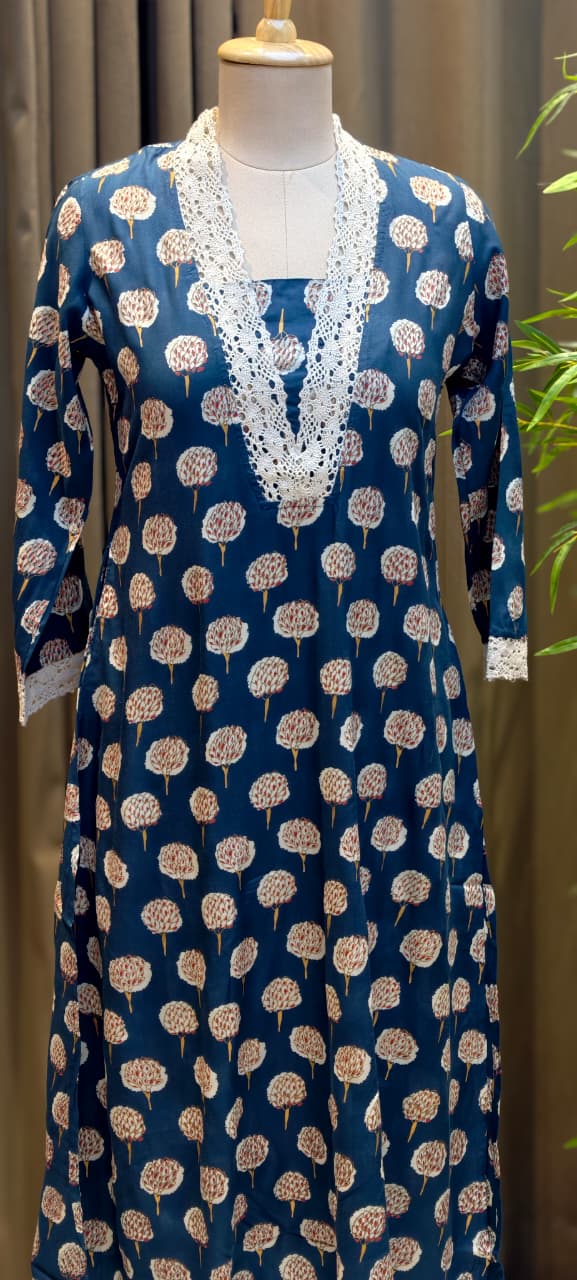 Cotton Kurti Earthy Trendy Printed Crosia Laced V-Neck Kurti Only -13683(Dispatching After 1 Week)