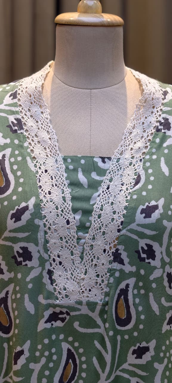 Mango Buti Leaf Printed V-Neck Cotton Laced A-Line Kurti Only-13683 (Dispatching After 1 Week)