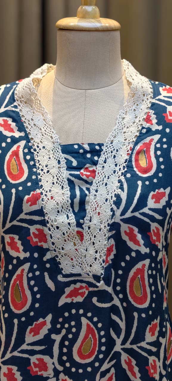 Mango Buti Leaf Printed V-Neck Cotton Laced A-Line Kurti Only-13683 (Dispatching After 1 Week)