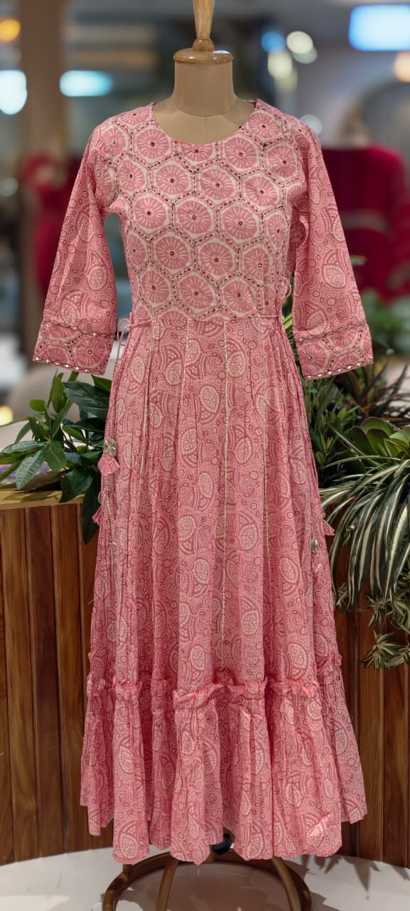 Breathable Cotton Hand-Block Printed Rosy Layered Gown