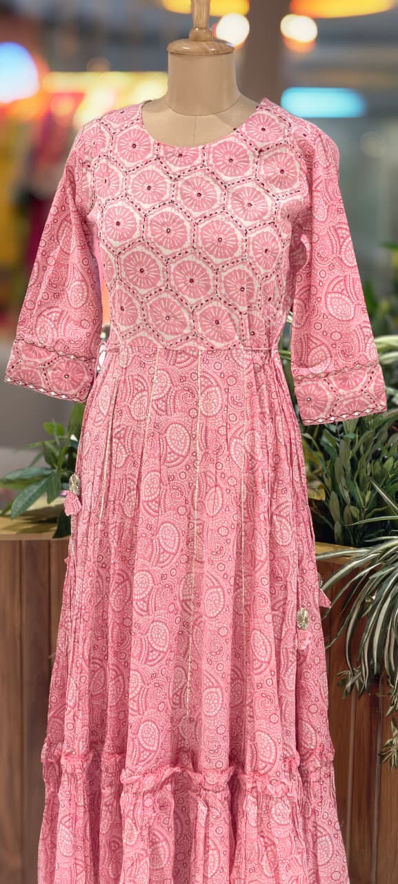 Breathable Cotton Hand-Block Printed Rosy Layered Gown