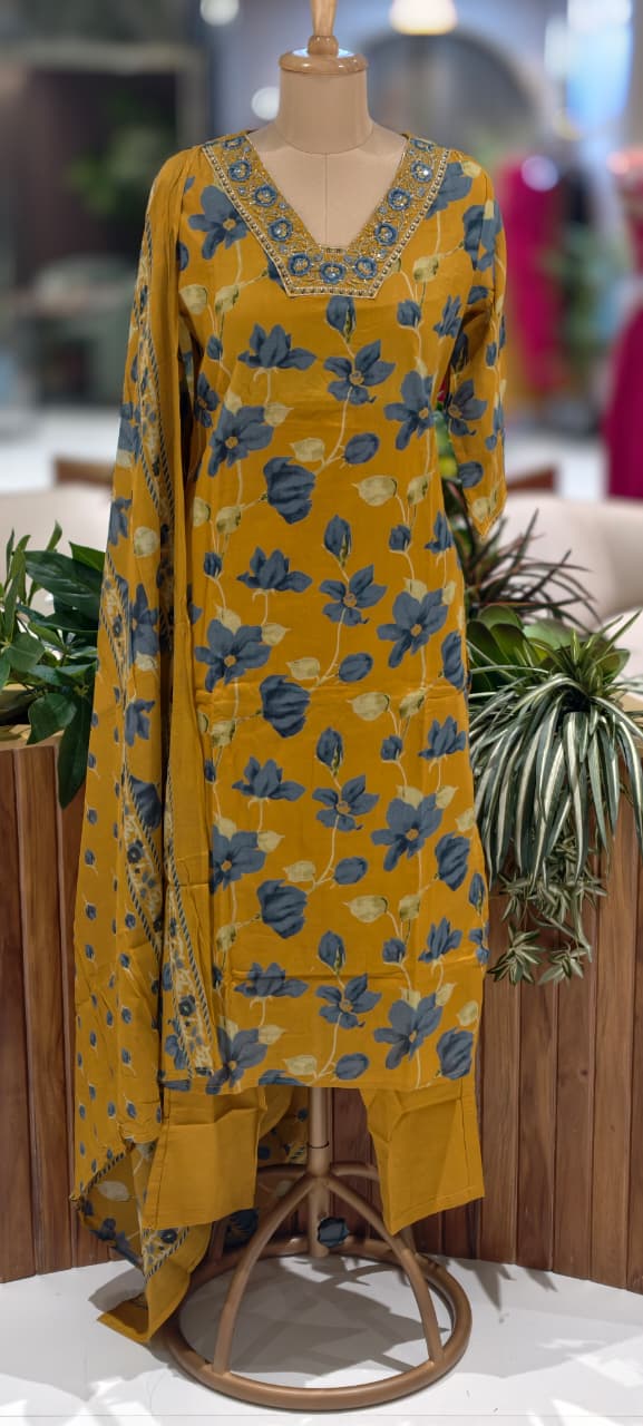 Graceful Mustard Blueish Touch Floral Printed Full Suit Set With Dupatta In Cotton Fabric