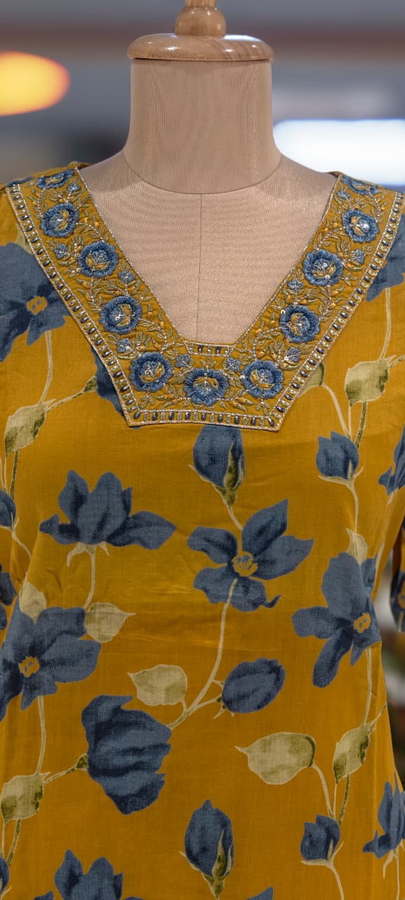 Graceful Mustard Blueish Touch Floral Printed Full Suit Set With Dupatta In Cotton Fabric