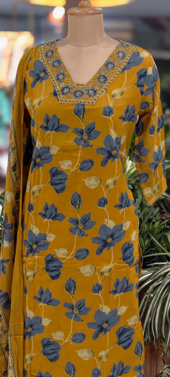Graceful Mustard Blueish Touch Floral Printed Full Suit Set With Dupatta In Cotton Fabric