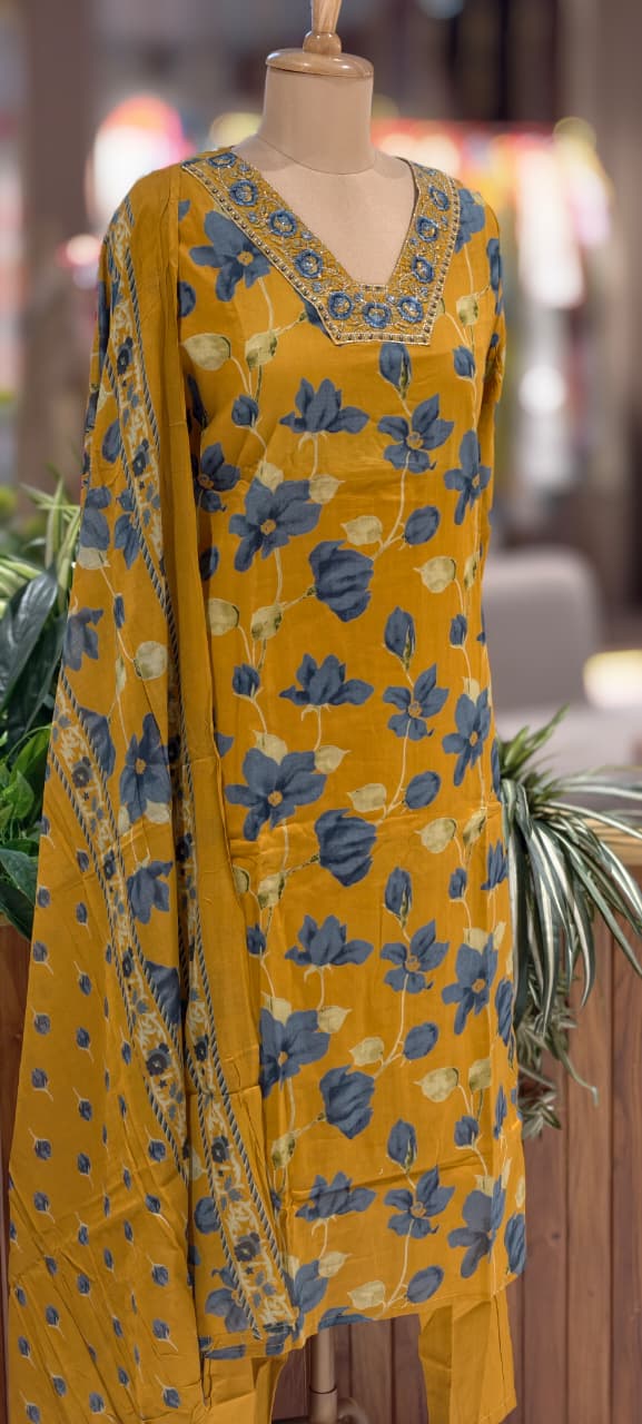 Graceful Mustard Blueish Touch Floral Printed Full Suit Set With Dupatta In Cotton Fabric