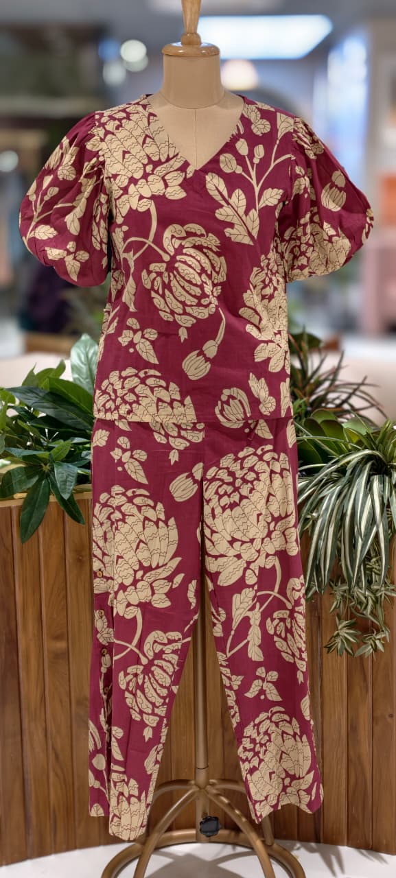 Petal Push Bold Oversized Floral Print Cotton Co-Ord Set In In Balloon Sleeves- 13682