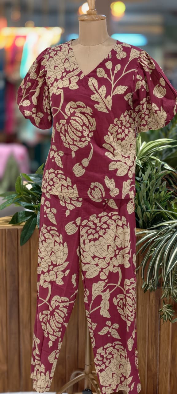 Petal Push Bold Oversized Floral Print Cotton Co-Ord Set In In Balloon Sleeves- 13682