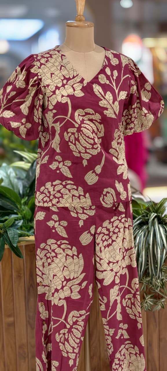 Petal Push Bold Oversized Floral Print Cotton Co-Ord Set In In Balloon Sleeves- 13682