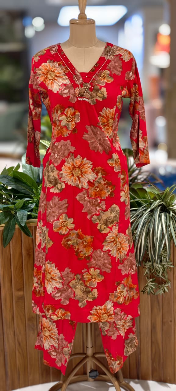 Earthy Bloom Digital Floral Print Vibrant Kurta Pant Set In Cotton Fabric